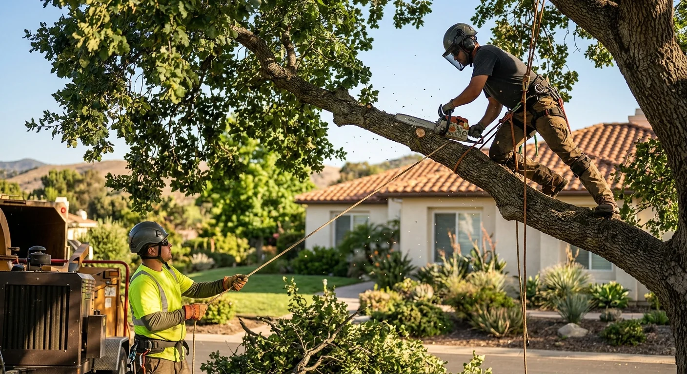 Arborist inspecting a congested tree canopy before pruning at a Camarillo home