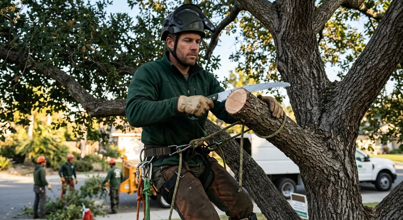 Climber making a precise branch-collar cut on a mature oak in Camarillo
