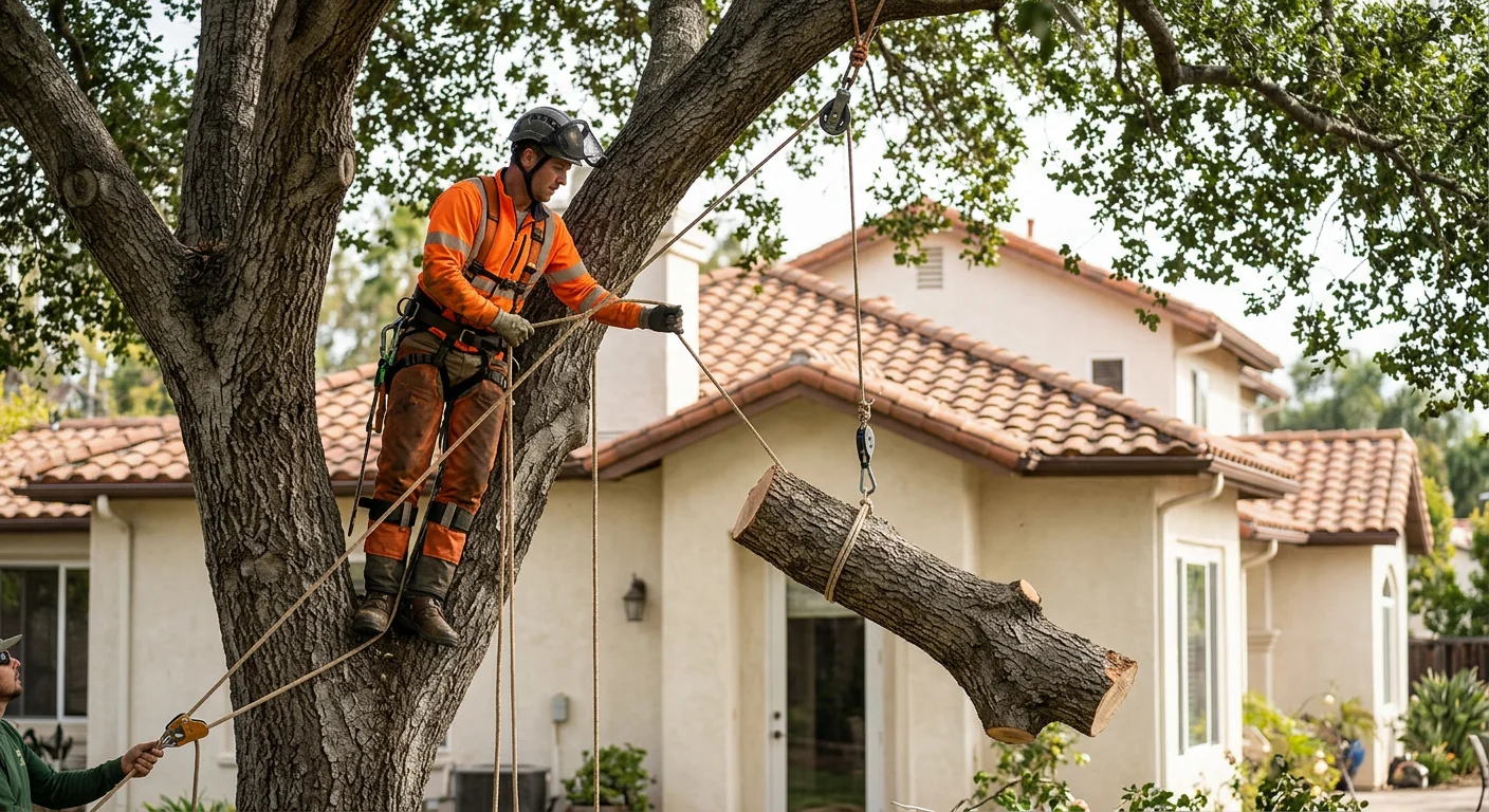 Arborist using lowering lines to control a limb descent near a house