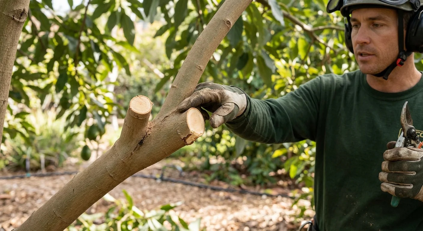 Close-up of clean pruning cuts showing healthy branch collars