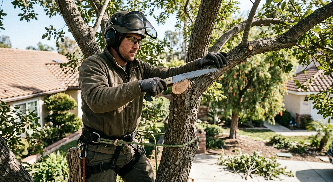 Arborist making a precise branch collar pruning cut on a residential shade tree