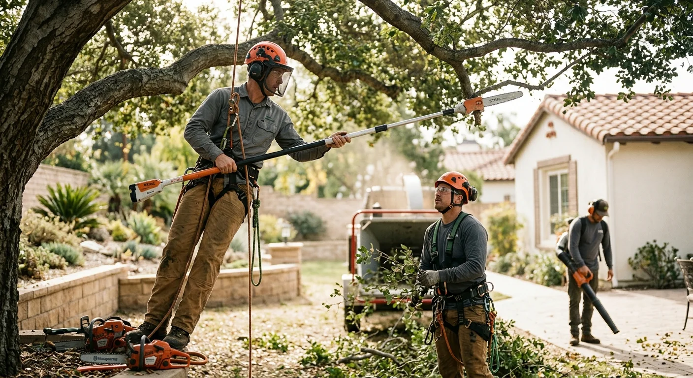 Crew thinning a tree canopy with pole saws in a Camarillo backyard