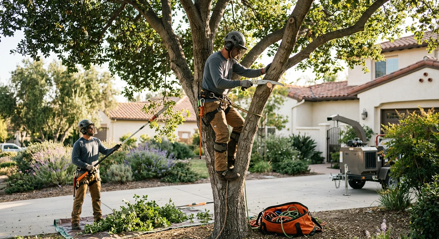 Crew evaluating a large tree for removal near a Camarillo home before pricing
