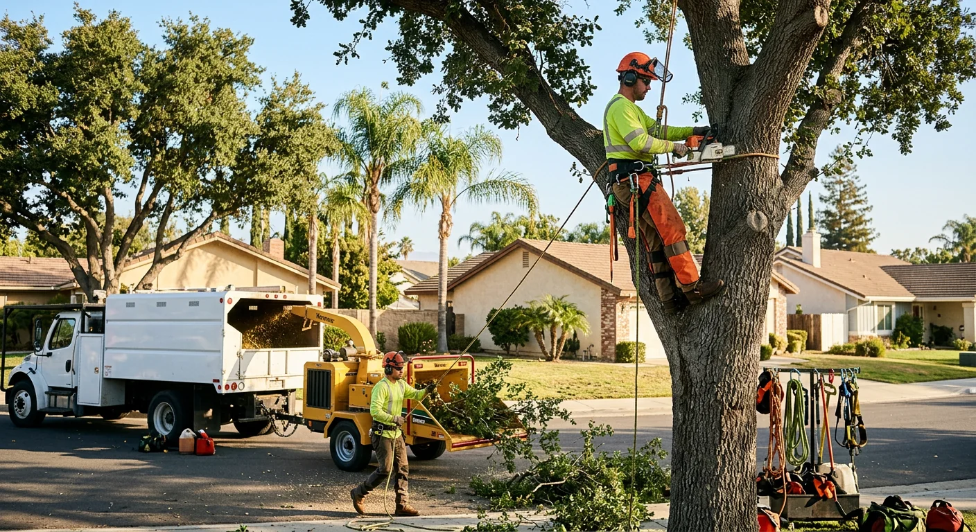 Tree removal crew assessing a leaning tree beside a Camarillo home