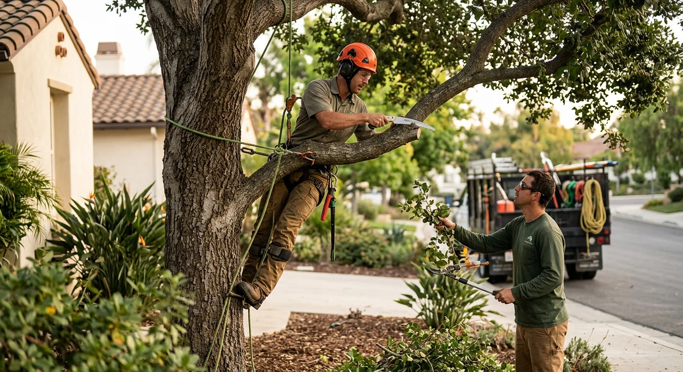 Homeowner discussing tree removal plan with technician beside a marked oak tree