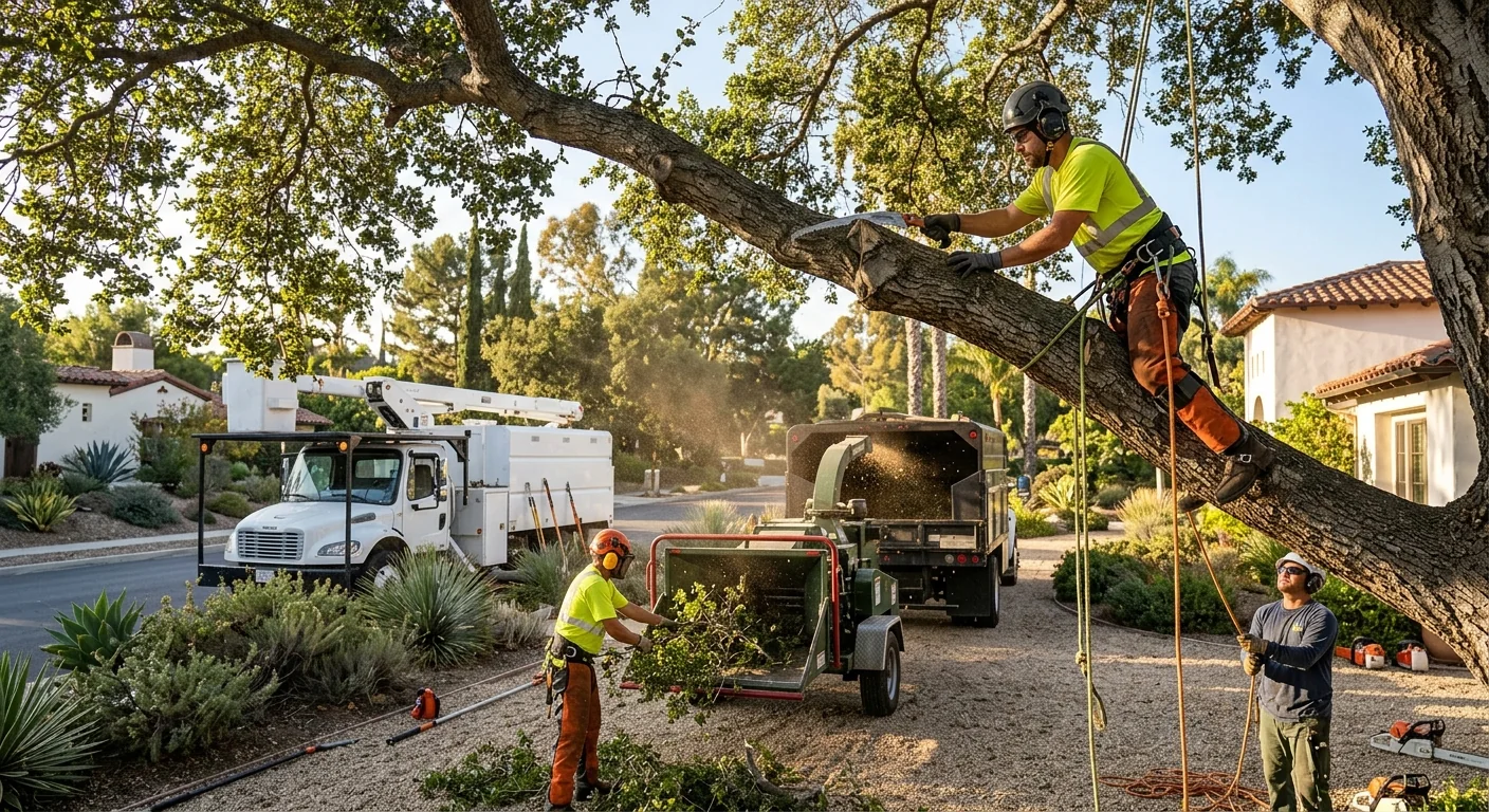 Arborist performing sectional tree removal with rigging in a Camarillo backyard