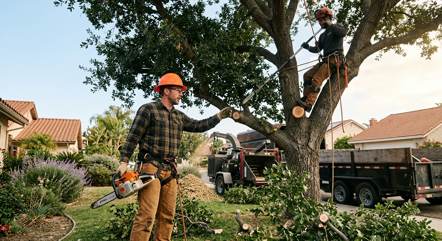 Arborist inspecting a leaning declining tree near a Camarillo home before removal