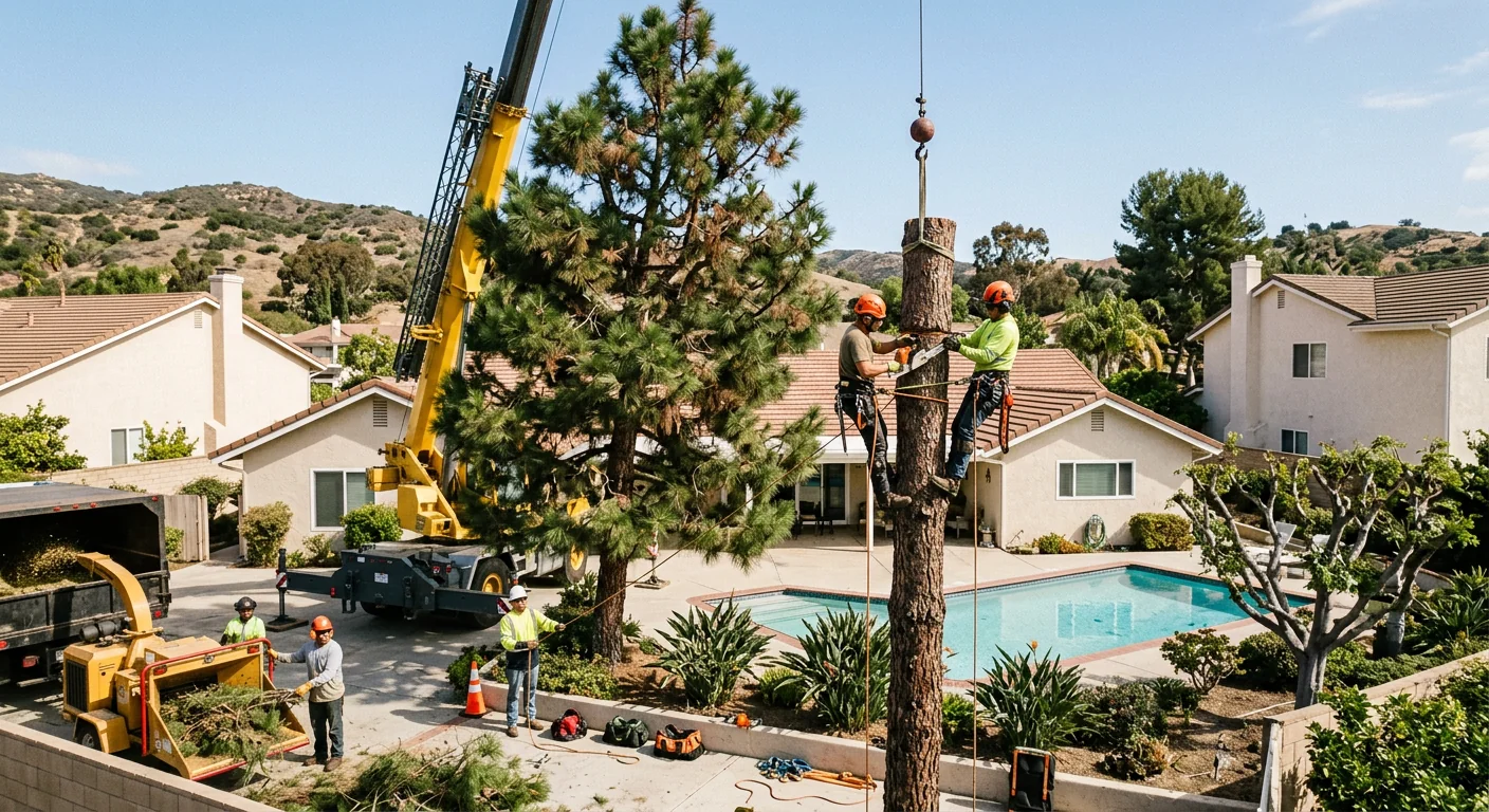 Crane-assisted removal of a large hazardous conifer above a Camarillo backyard