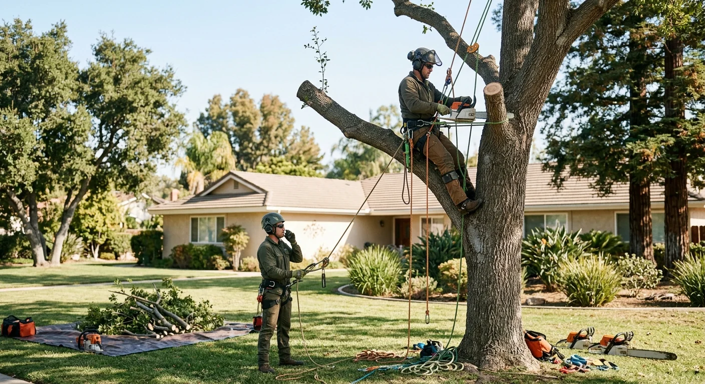 Arborist performing sectional dismantling with climbing rigging in a residential yard