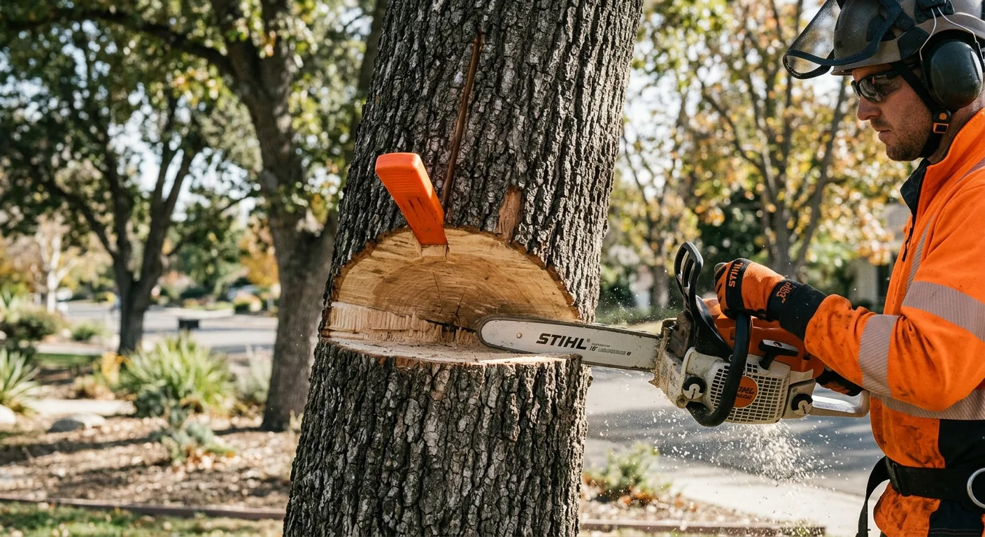 Close-up of a directional felling cut on a declining hardwood trunk