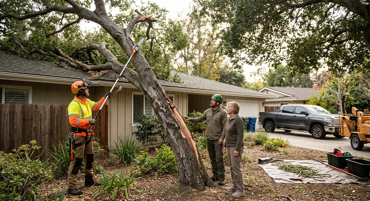 Before context showing a storm-damaged tree leaning toward a home roof