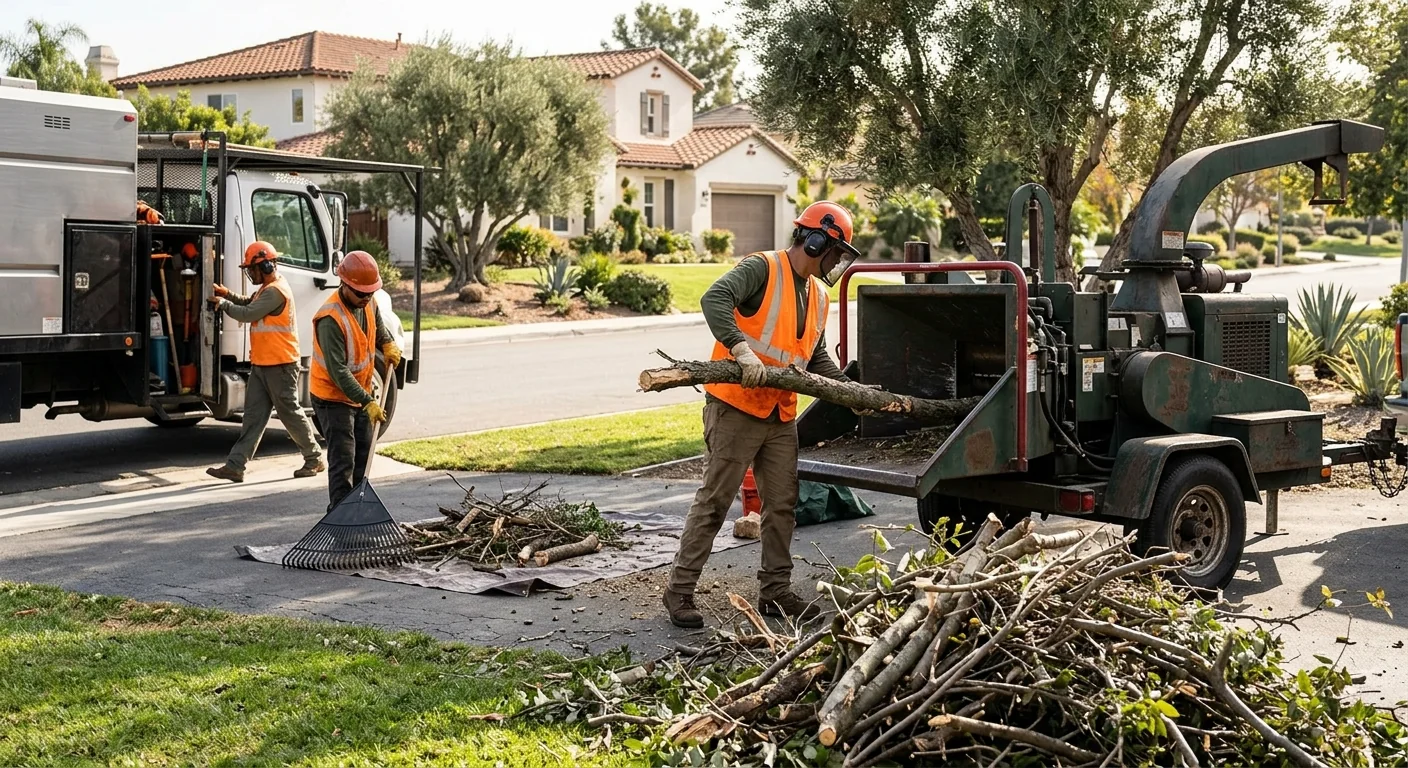 Ground crew chipping brush and limbs after a completed removal job