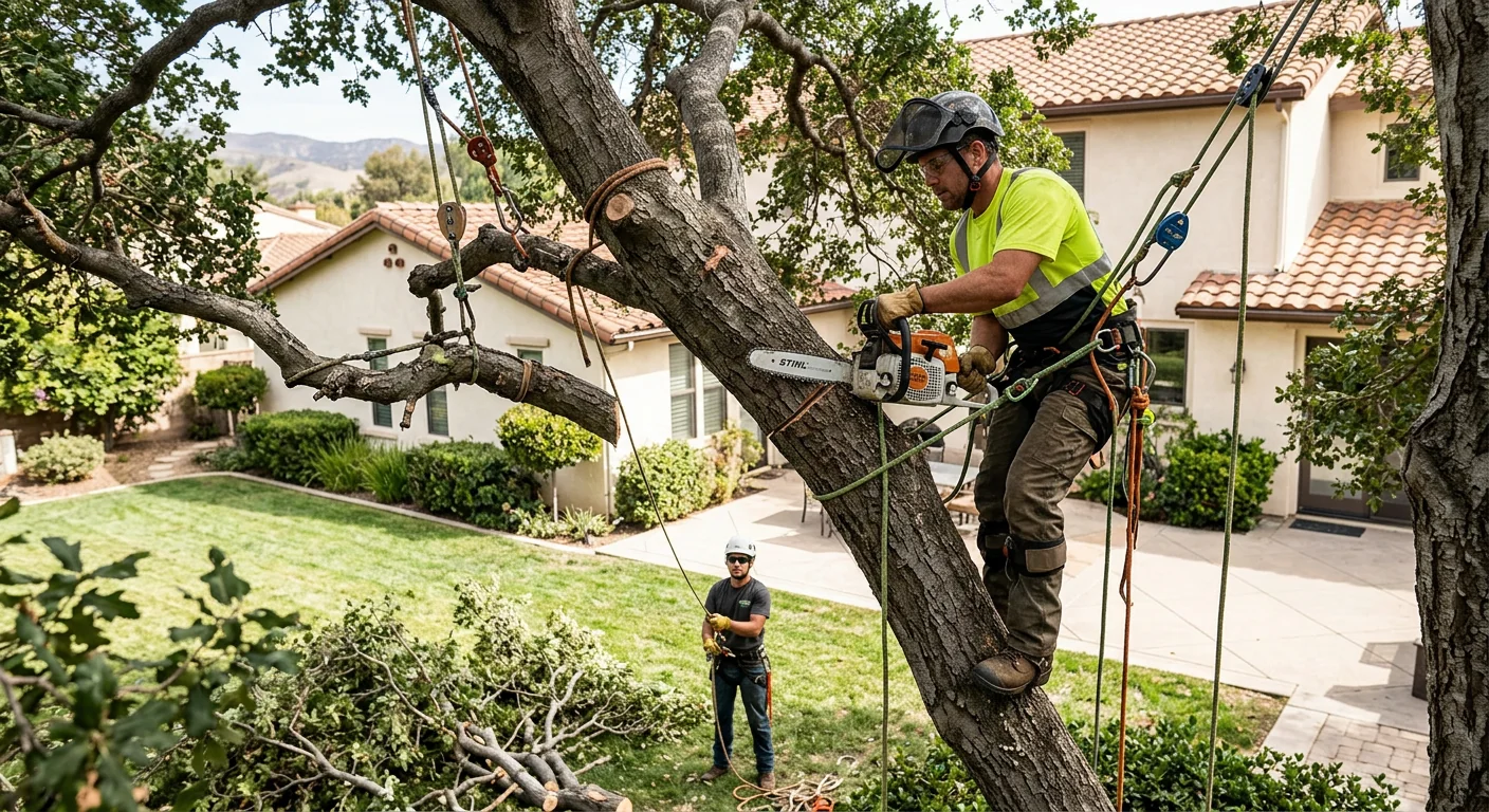 Arborist performing sectional tree removal with rope rigging in a Camarillo backyard