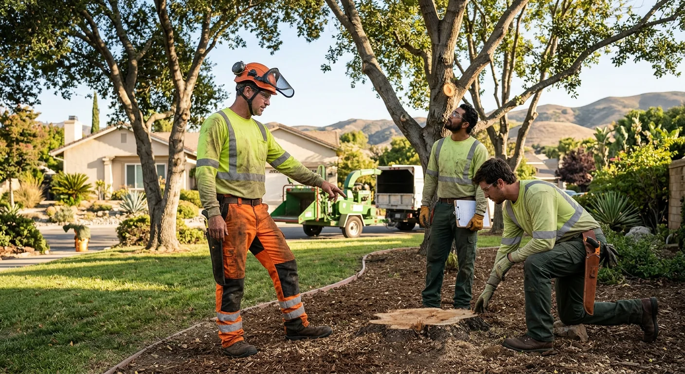 Crew reviewing removal site and remaining trees during a post-job walkthrough
