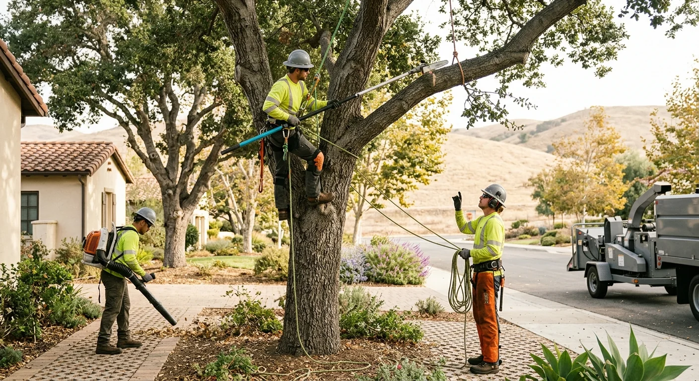 Arborist reviewing a written tree risk assessment report beside a large tree in Camarillo