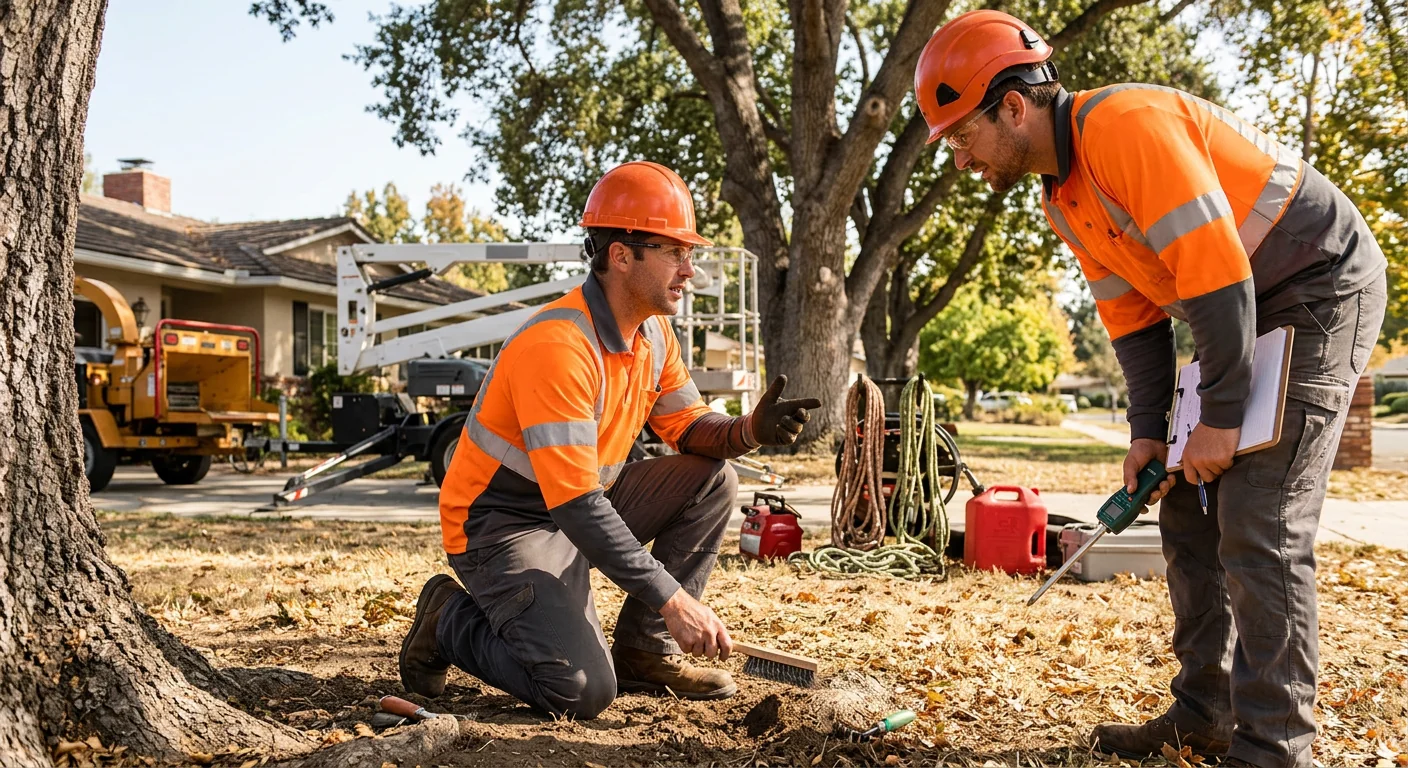 Arborist inspecting mature tree trunk during risk assessment in Camarillo