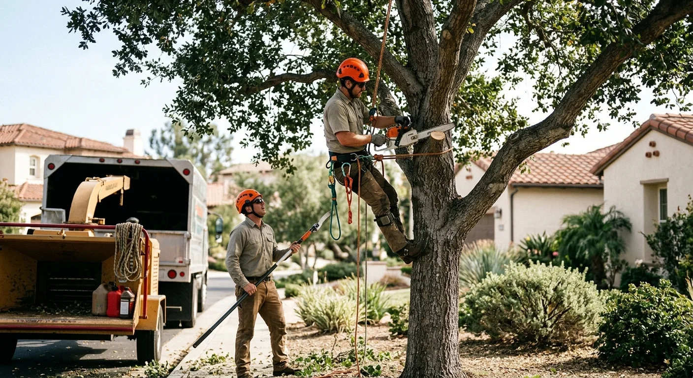 Arborist measuring trunk lean during a tree stability inspection in Camarillo