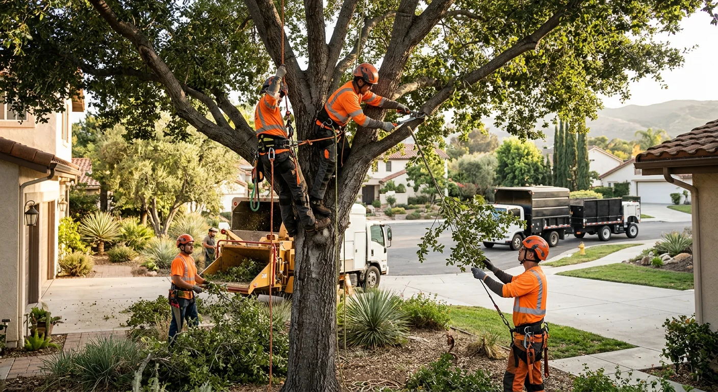 Arborist inspecting a mature oak trunk for decay on a Camarillo residential property