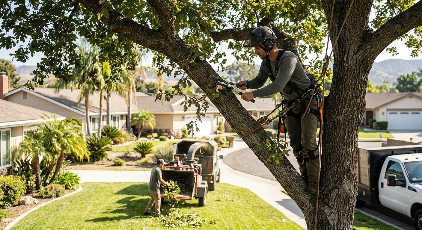 Arborist inspecting a leaning oak with visible trunk cracks in a Camarillo backyard