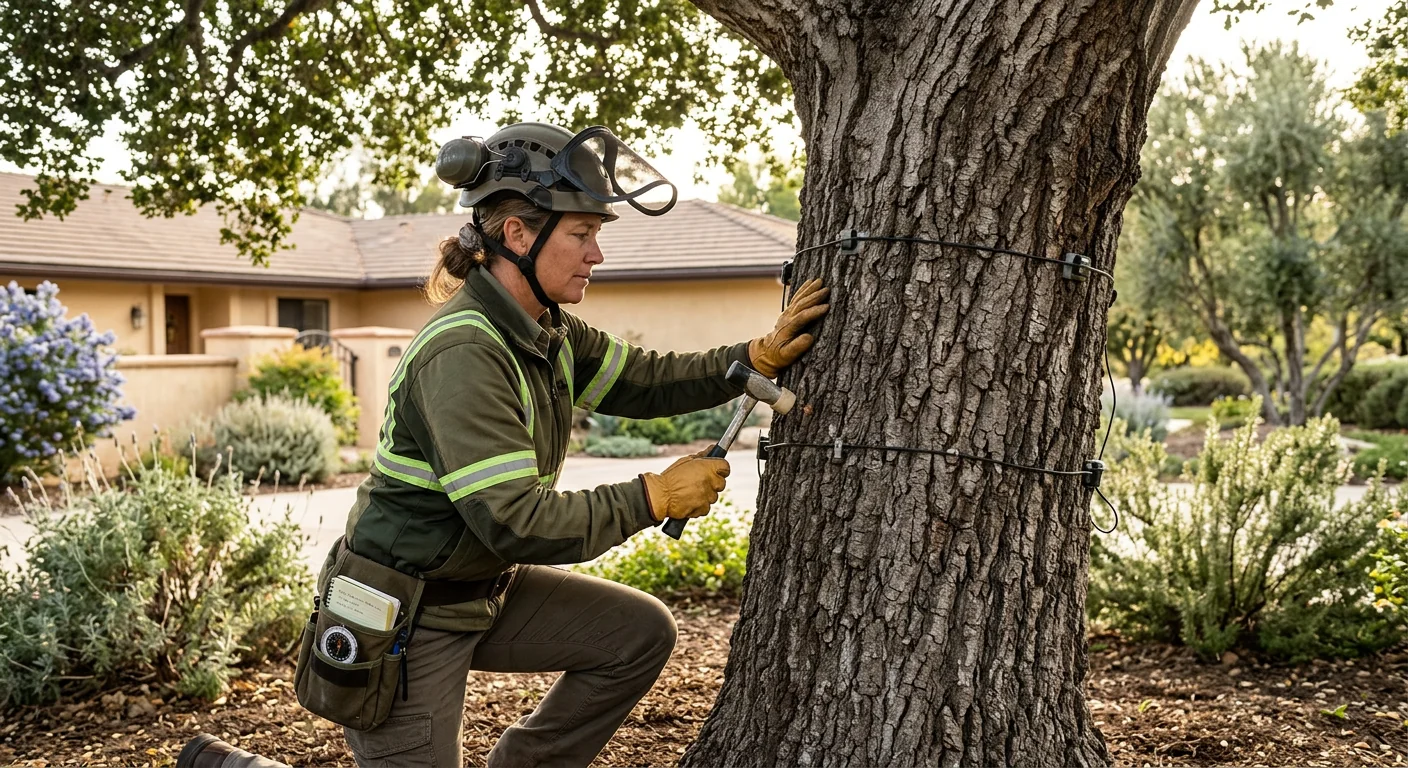 Arborist sounding a mature oak trunk during a residential risk inspection in Camarillo