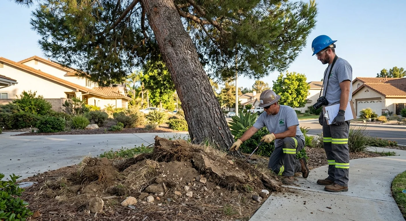 Leaning pine with soil heaving at the base documented before mitigation