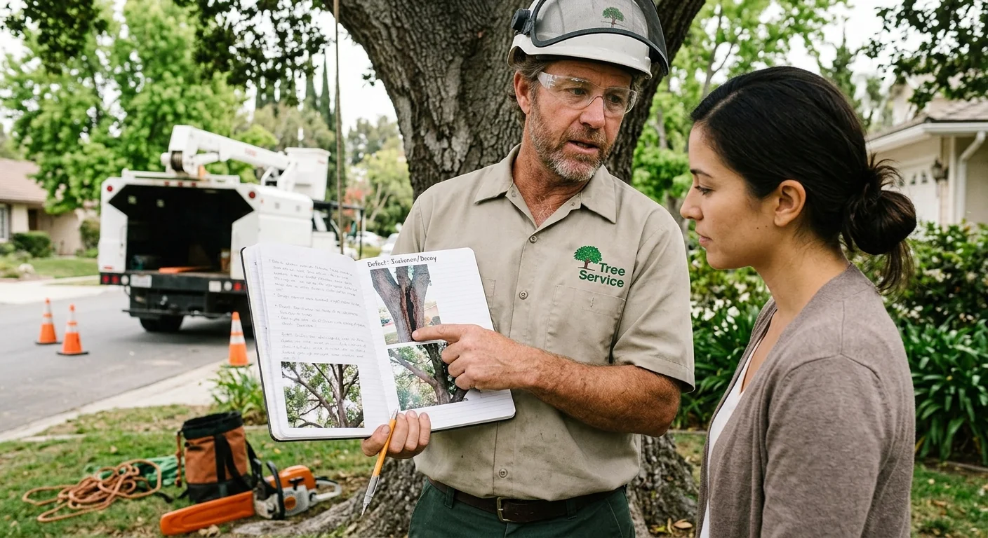Arborist reviewing a written risk report with canopy defect photographs