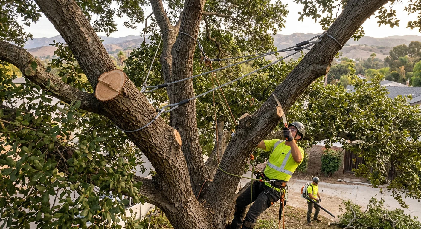 Finished view of a pruned and cabled oak after risk mitigation work