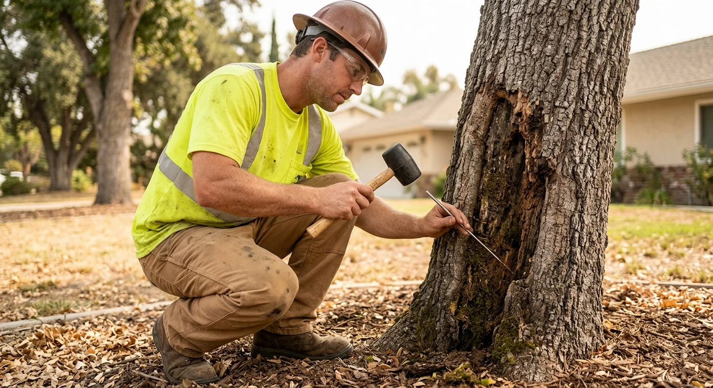 Arborist inspecting trunk decay during a tree risk assessment in Camarillo