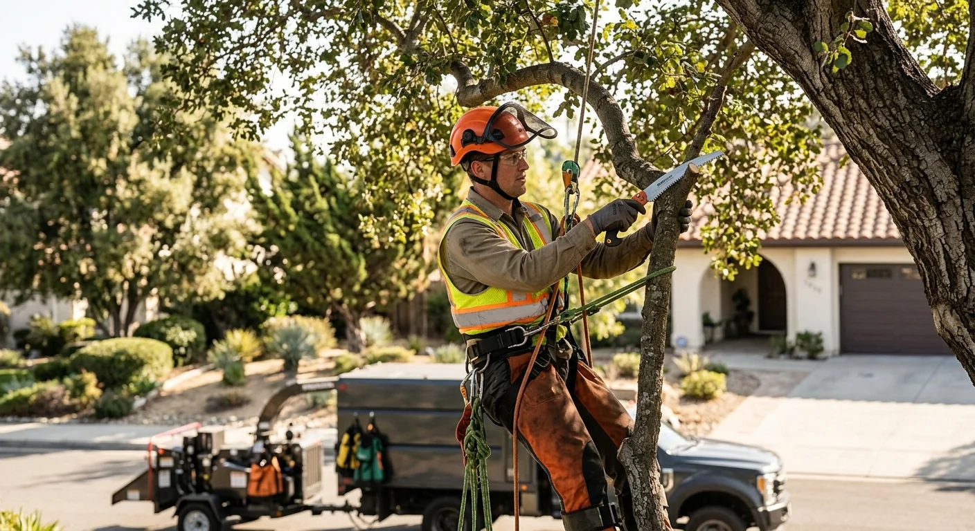 Arborist discussing pruning plan with homeowner beside a mature Camarillo tree