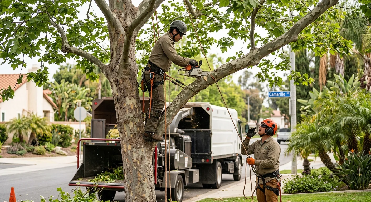 Tree service crew loading equipment for a scheduled appointment in Camarillo