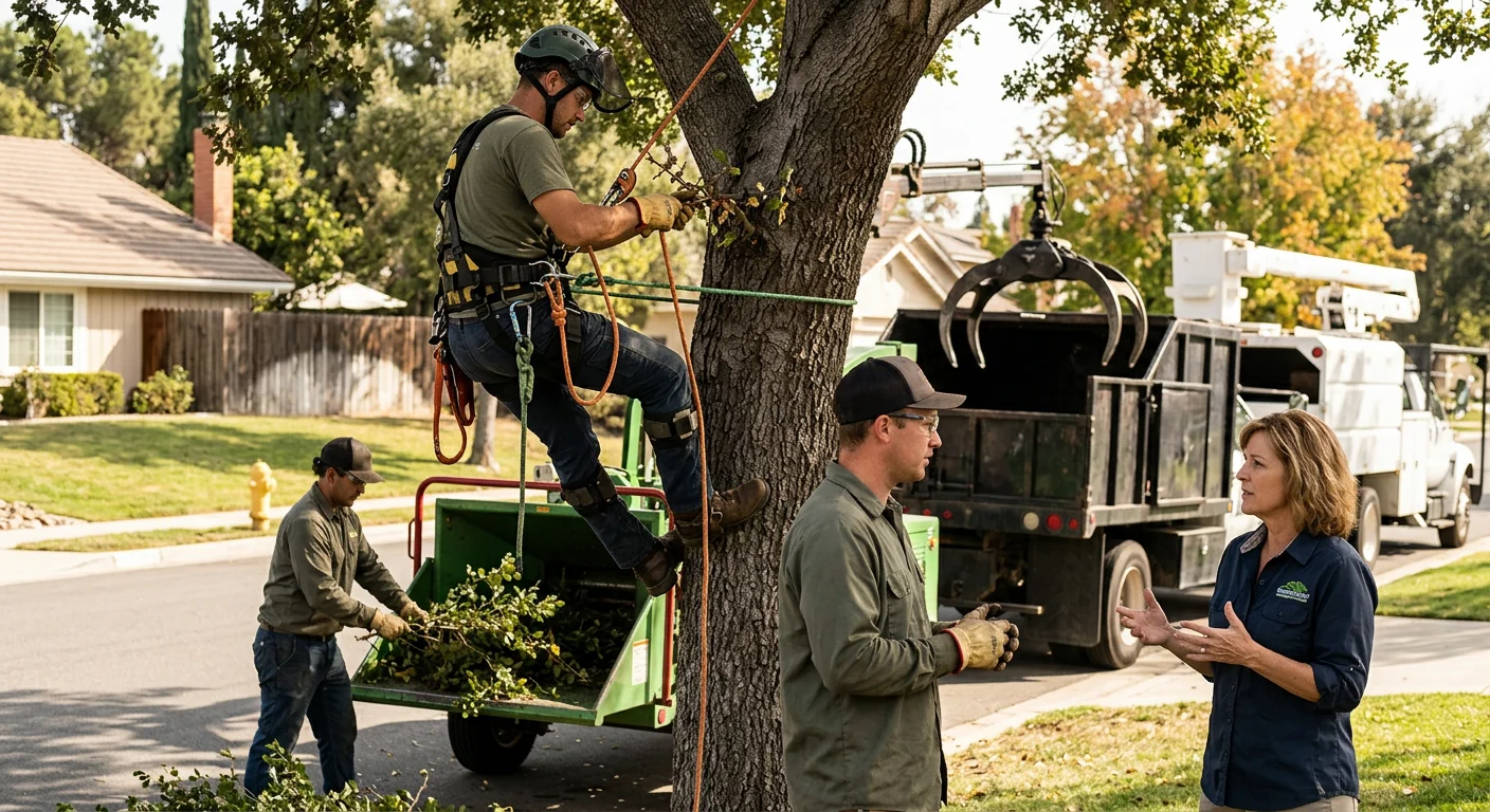 Arborist inspecting an oak canopy at a Camarillo home