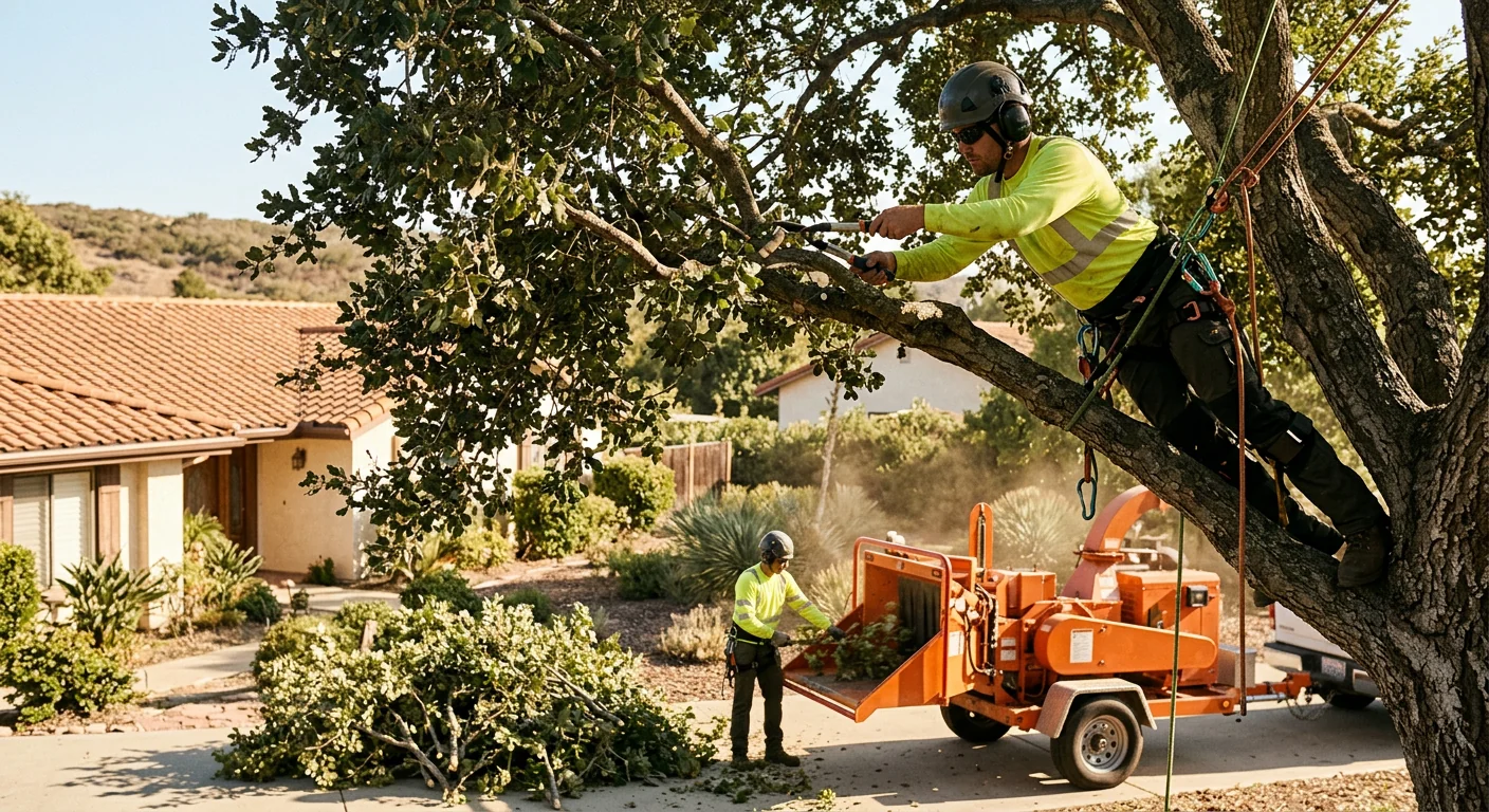 Tree service crew reviewing a maintenance schedule with a Camarillo homeowner
