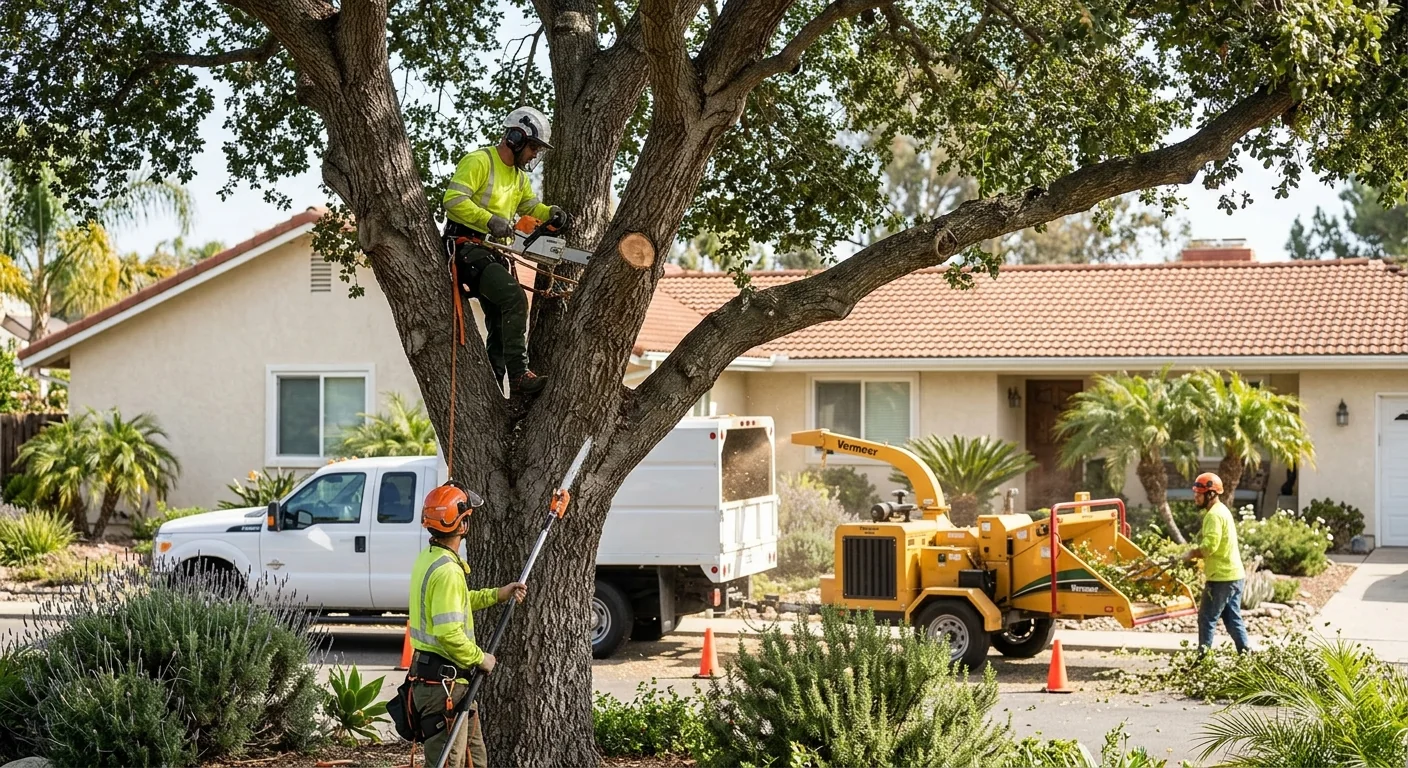 Arborist inspecting a mature tree during a scheduled property visit in Camarillo
