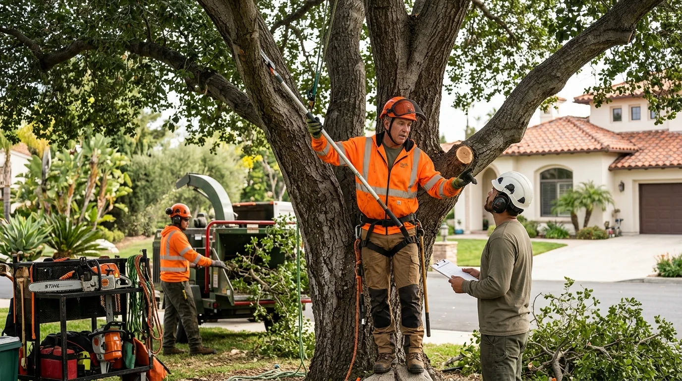Technician planning seasonal pruning work using professional climbing gear