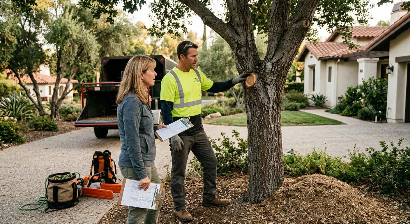 Arborist inspecting residential canopy in a Camarillo neighborhood before scheduled pruning