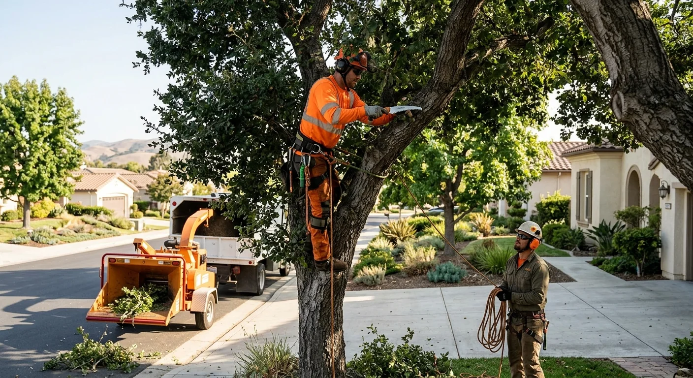 Arborist inspecting a mature tree canopy for deadwood and weak branch unions on a Camarillo property