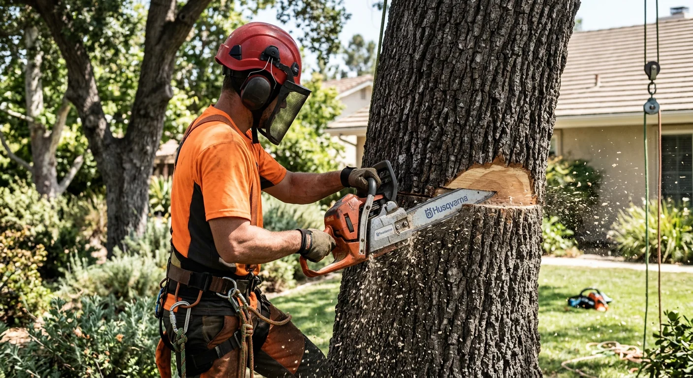 Arborist making a directional felling cut on a large backyard tree in Camarillo