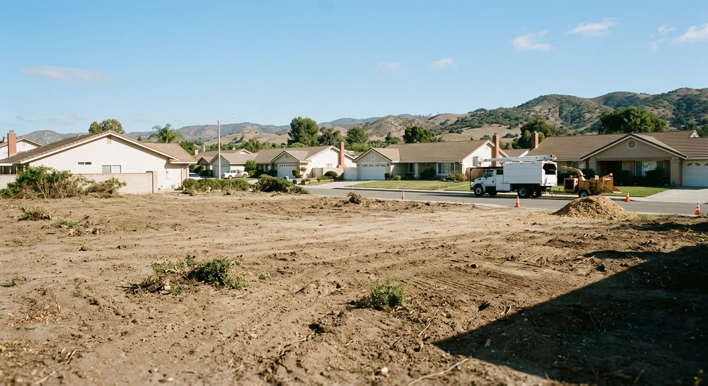 Wide view of a cleared residential lot after tree and brush removal in a Camarillo neighborhood