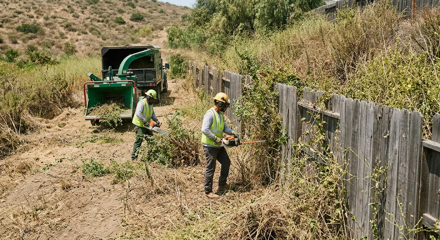 Overgrown property edge before brush clearing showing dense vegetation near a fence