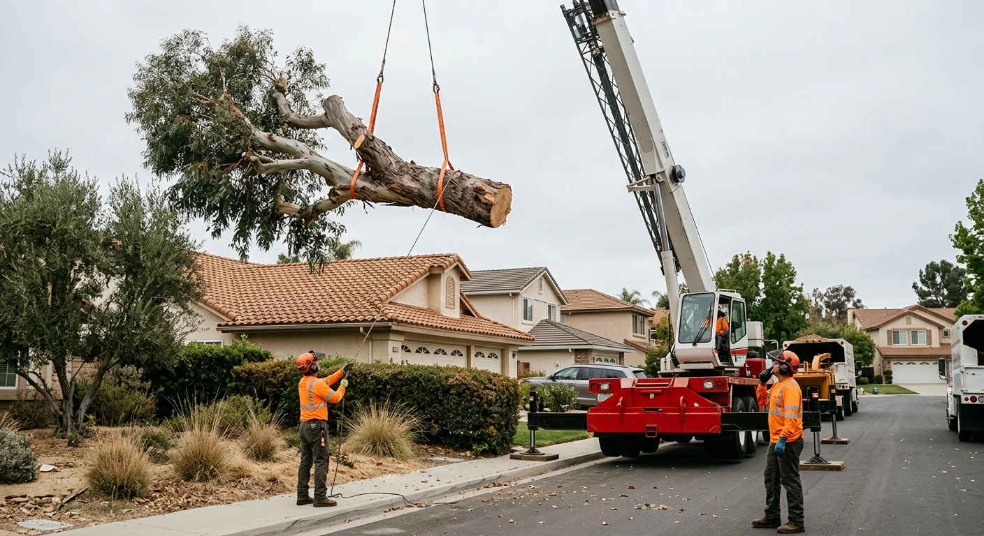 Crane lifting a large tree section clear of a rooftop during a controlled removal