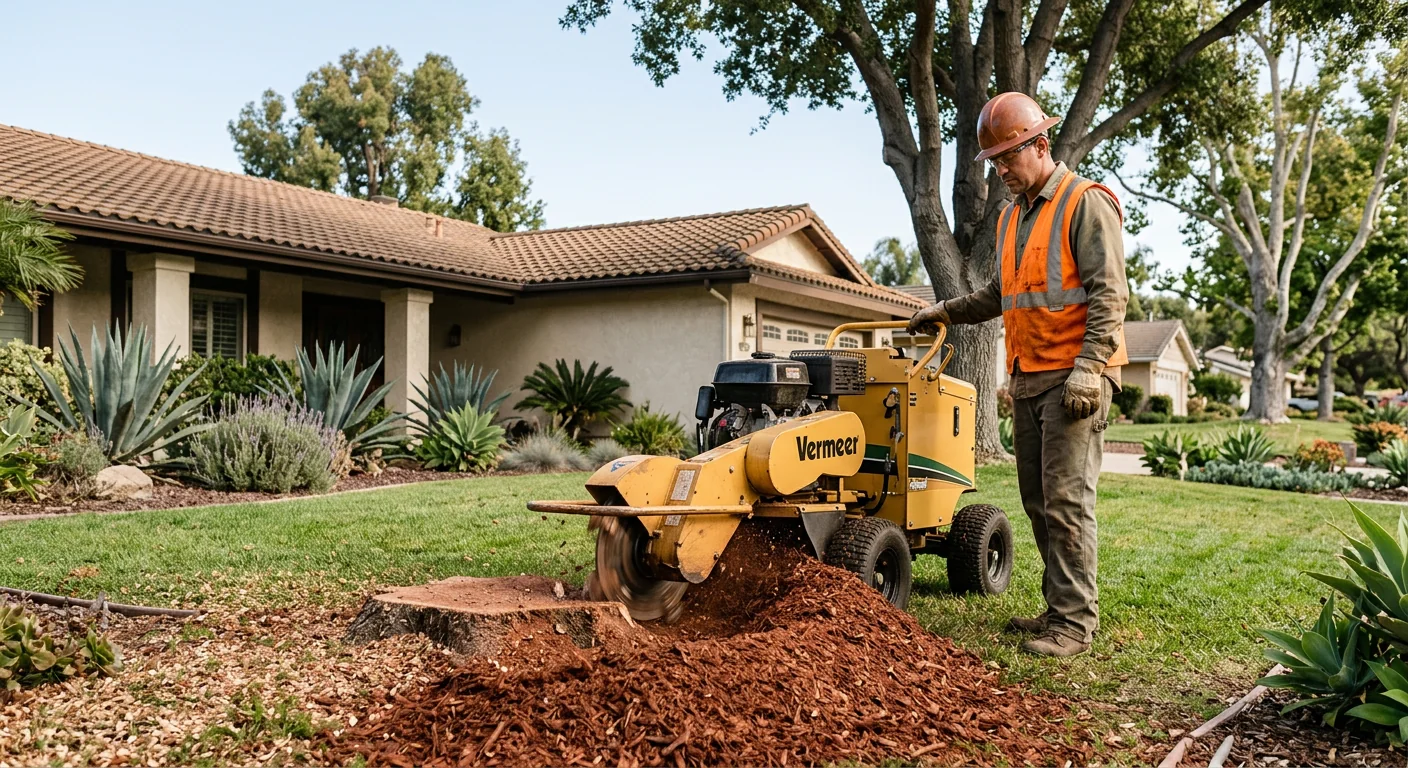 Stump grinder reducing a tree stump to mulch in a Camarillo front yard