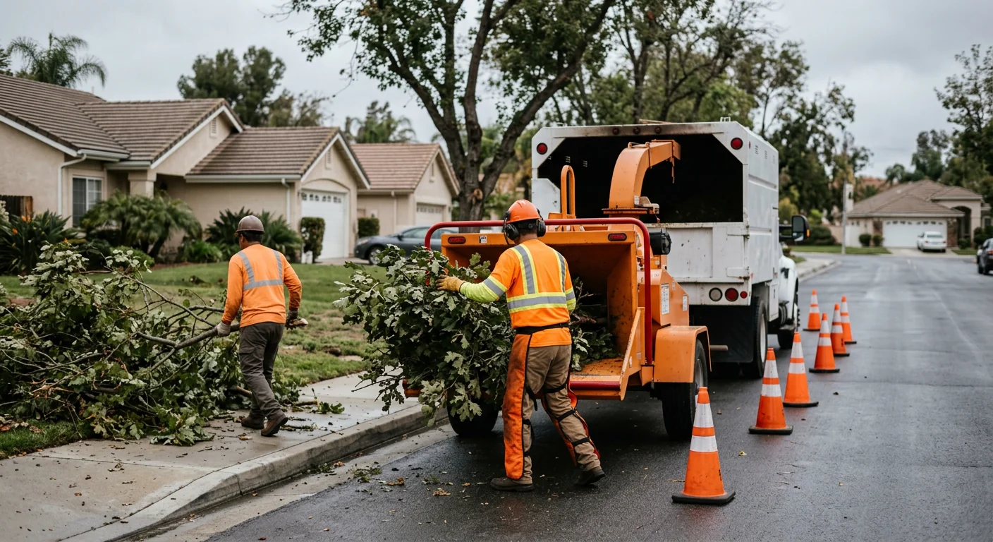 Crew chipping storm-downed limbs into a chipper along a residential curb