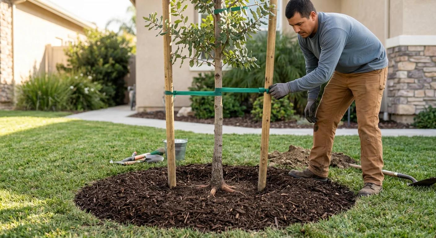 Newly planted young tree staked and mulched in a Camarillo backyard