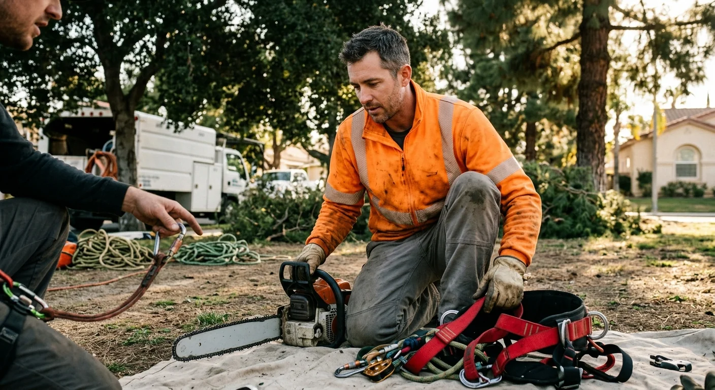 Arborist inspecting chainsaw and rigging gear before climbing