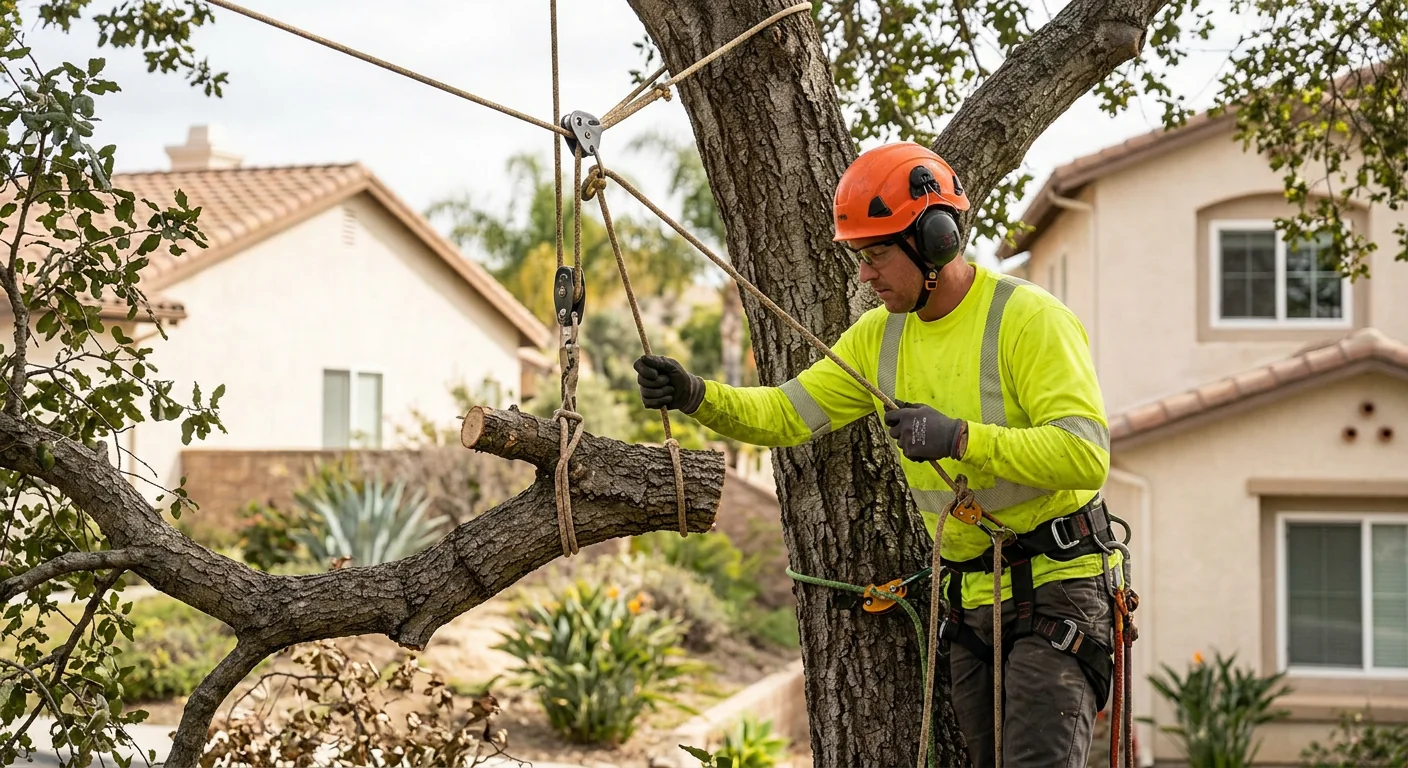 Technician wearing full PPE performing controlled limb lowering with ropes