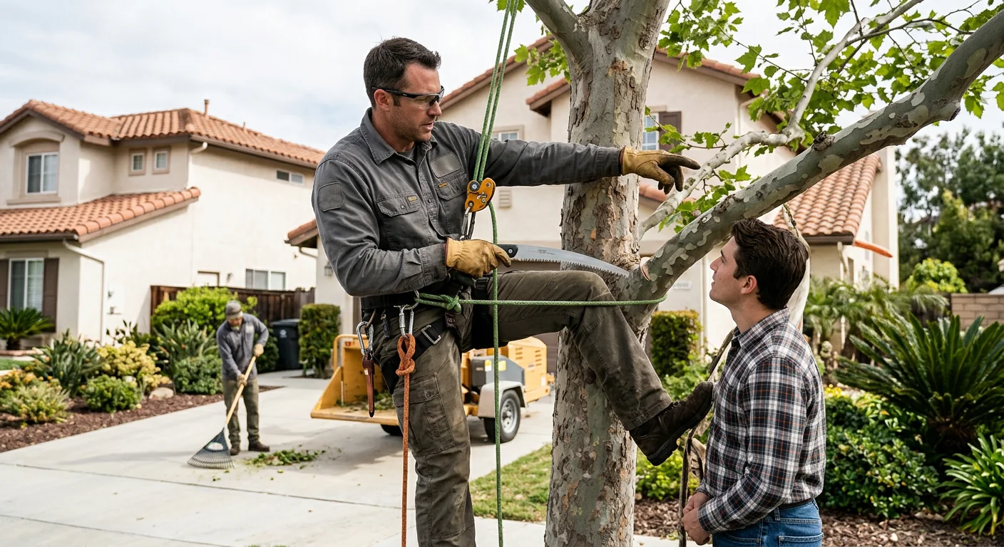 Certified arborist inspecting a mature tree canopy in a Camarillo backyard