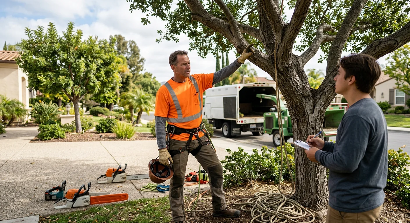 Technician evaluating tree structure before pruning on a Camarillo lot