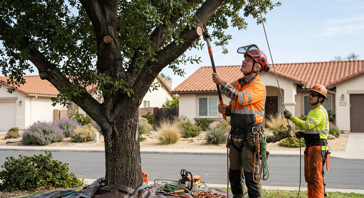 Crew evaluating a residential tree canopy before trimming in Camarillo