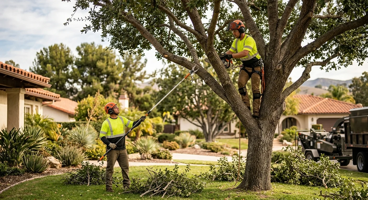 Arborist trimming mature tree canopy in a residential Camarillo yard