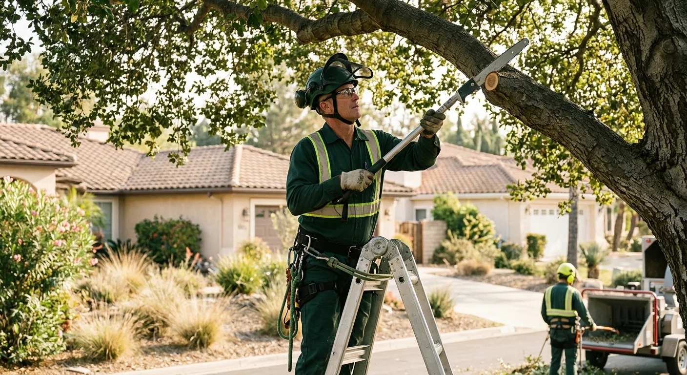 Homeowner reviewing a canopy trimming plan with a crew in Camarillo